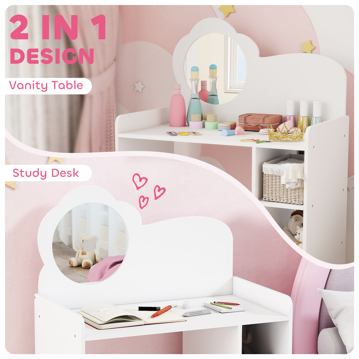 Kids Dressing Table With Mirror, Stool, Kids Vanity Table With Shelves, For Ages 3-8 Years, White