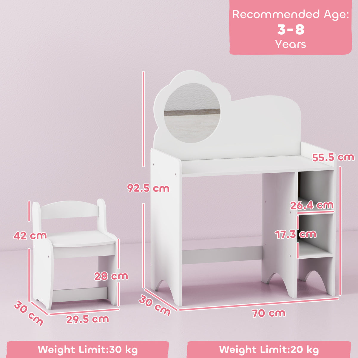 Kids Dressing Table With Mirror, Stool, Kids Vanity Table With Shelves, For Ages 3-8 Years, White